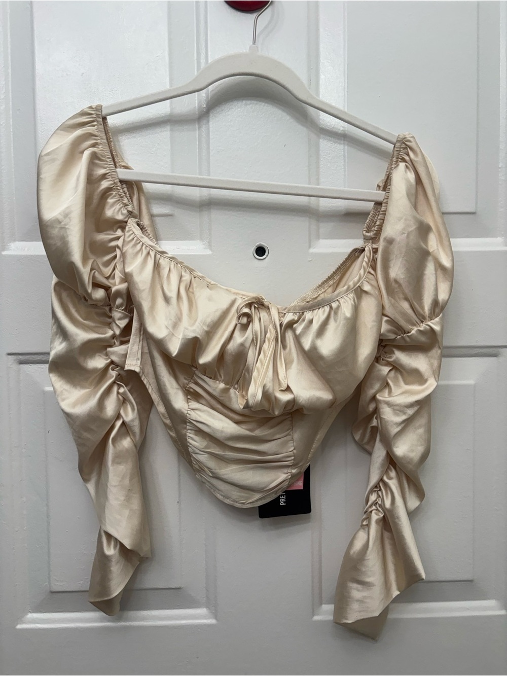 PrettyLittleThing Cream Satin Ruched Puff Sleeve Corset Top